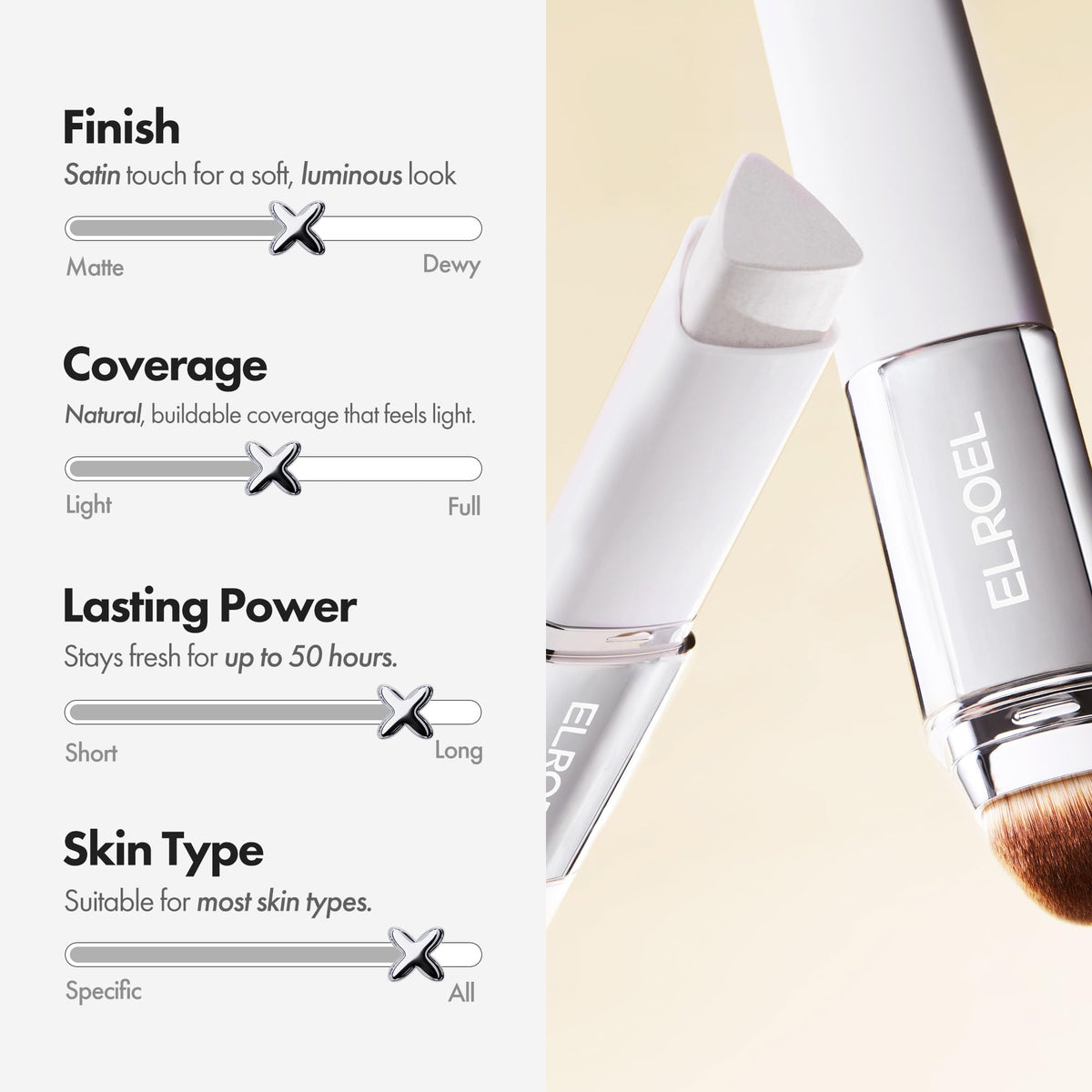 ELROEL Blanc Cover Cream Stick V White - Korean Color-Changing Foundation Stick with Volufiline - Medium to Full Coverage Dewy Finish Base Makeup - Dual-Ended with Detachable Brush (202 Natural)